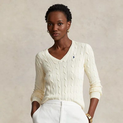 Polo Ralph Lauren Kimberly Icon Logo Pima Cotton Cable Knit V-neck Sweater In Cream