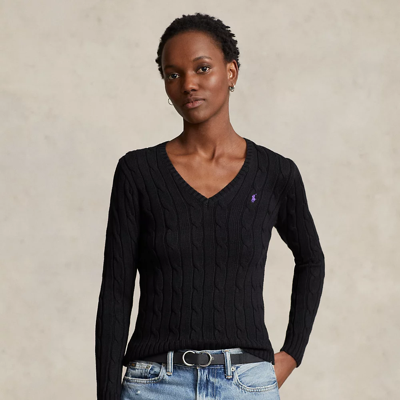 Shop Ralph Lauren Cable-knit Cotton V-neck Sweater In Polo Black