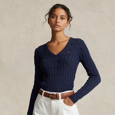 Shop Ralph Lauren Cable-knit Cotton V-neck Sweater In Hunter Navy