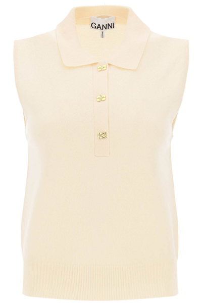 Shop Ganni Sleeveless Polo Shirt In Wool And Cashmere In Beige