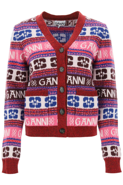Shop Ganni Jacquard Wool Cardigan With Logo Pattern In Multicolor