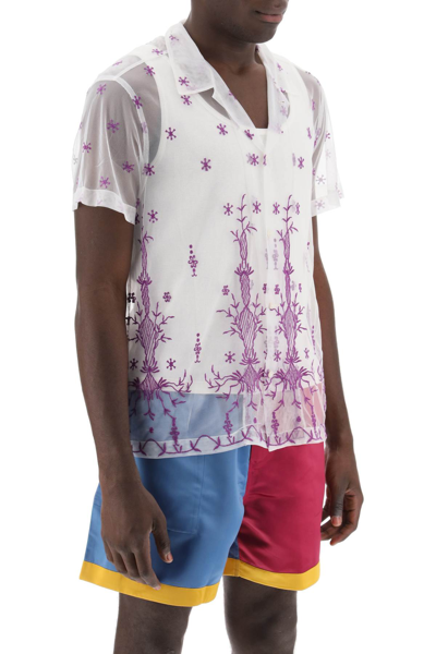 Shop Bode Lavandula Bowling Shirt In Embroidered Tulle In Purple White (white)