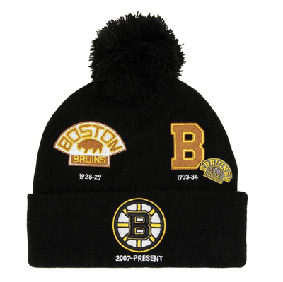 Shop Mitchell & Ness Black/ Boston Bruins 100th Anniversary Collection Timeline Cuffed Knit Hat With Pom