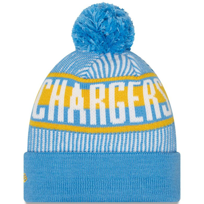 Shop New Era Powder Blue Los Angeles Chargers Striped Cuffed Knit Hat With Pom
