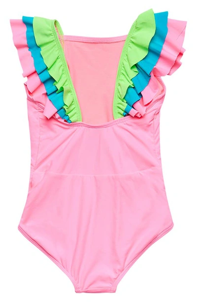 Shop Beach Lingo Kids' Sunsets Ruffle One-piece Swimsuit In Punch
