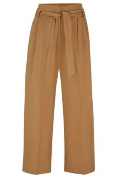Shop Hugo Boss Tapered-fit Wide-leg Trousers With Fabric Belt In Beige
