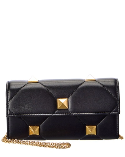 Shop Valentino Roman Stud Leather Wallet On Chain In Black