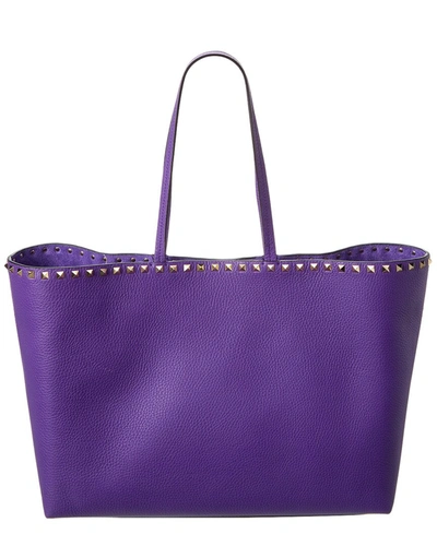 Shop Valentino Rockstud Large Grainy Leather Shopper Tote In Purple