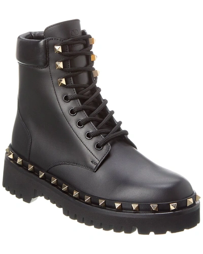 Shop Valentino Rockstud Leather Combat Boot In Black