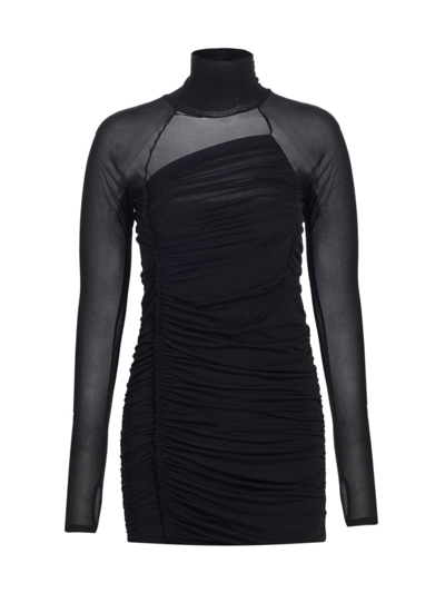 Shop Helmut Lang Women's Crepe Ruched Sheer-accent Turtleneck Minidress In Black