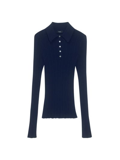 Shop Theory Women's Wool-blend Rib-knit Slim-fit Polo Shirt In Dark Navy