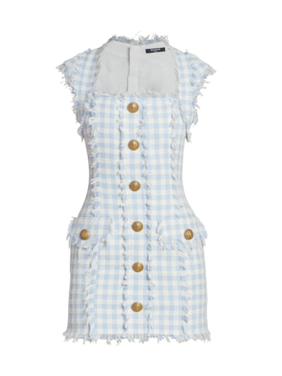 Shop Balmain Women's Vichy Tweed Gingham Minidress In White Blue