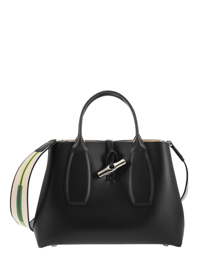 Shop Longchamp Designer Handbags Roseau - Bag With Fabric Handle And Shoulder Strap In Noir