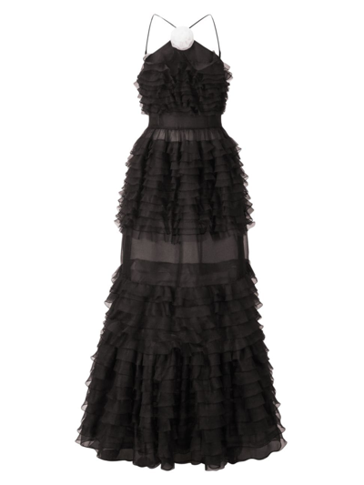Shop Staud Women's Florian Tiered Ruffle Halter Gown In Black