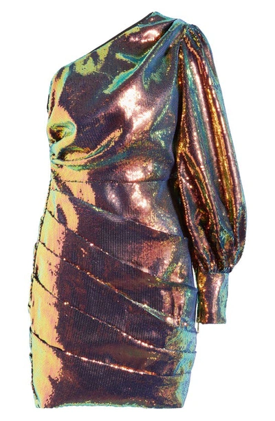 Shop Something New Hazel Ombré Metallic Sequin One-shoulder Minidress In Rich Gold Detail Multi