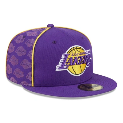 Shop New Era Purple Los Angeles Lakers Piped & Flocked 59fifty Fitted Hat