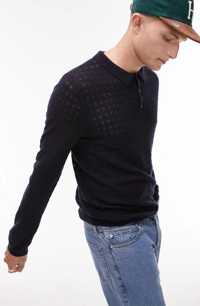 Shop Topman Pointelle Zigzag Polo Sweater In Navy