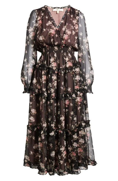 Shop Loveshackfancy Kailo Floral Ruffle Long Sleeve Tiered Silk Midi Dress In Aurora Nights