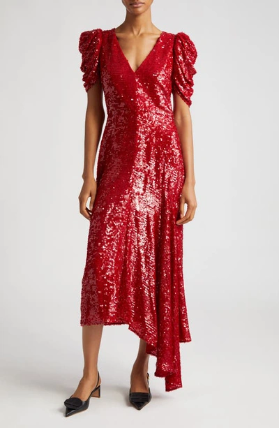 Shop Erdem Gathered Sleeve Asymmetric Sequin Gown In Ruby Red