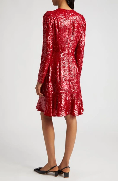 Shop Erdem Tiered Ruffle Long Sleeve Sequin Cocktail Dress In Ruby Red