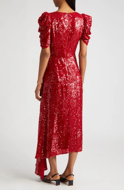 Shop Erdem Gathered Sleeve Asymmetric Sequin Gown In Ruby Red