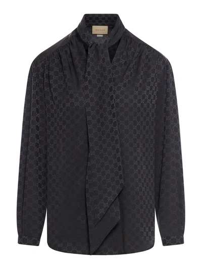 Shop Gucci Gg Silk Crepe Shirt With Bow In Black