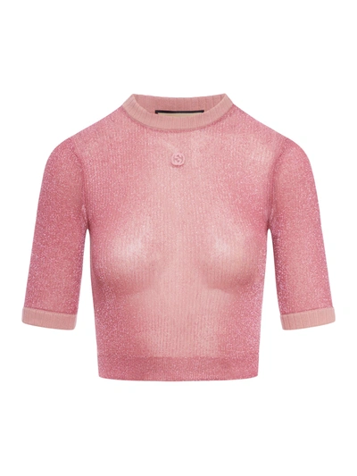 Shop Gucci Lamé Knit Top With Interlocking G In Pink & Purple