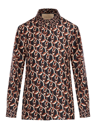 Shop Gucci Silk Shirt With Dd Cross Chain Print In Black