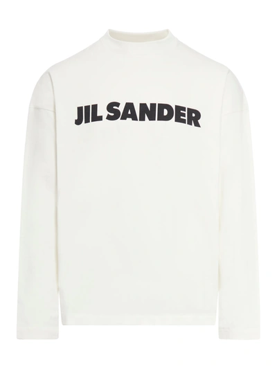 Jil Sander Men White Crewneck Sweatshirt With Contrasting Logo Print At The Front In Cotton Man In Nude & Neutrals