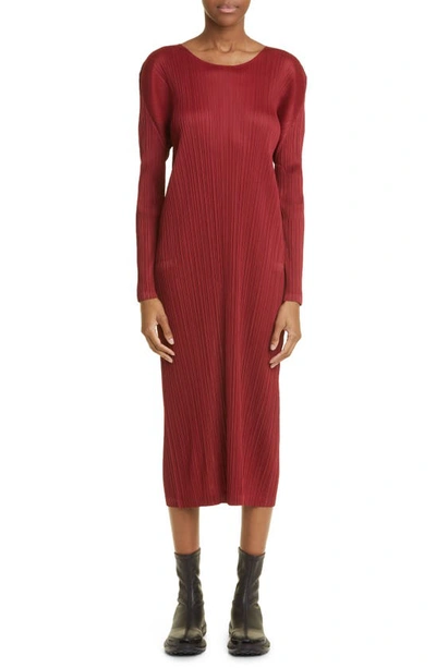 Shop Issey Miyake Monthly Colors November Pleated Long Sleeve Midi Dress In Carmine