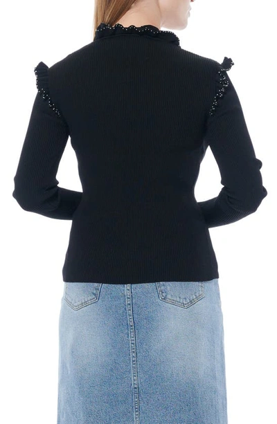 Shop Gracia Imitation Pearl Ruffle Shoulder Long Sleeve Rib Knit Top In Black