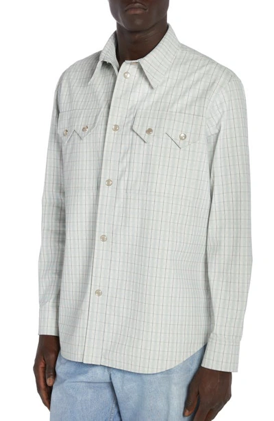 Shop Bottega Veneta Check Print Leather Snap-up Western Shirt In White/ Grey/ Mint