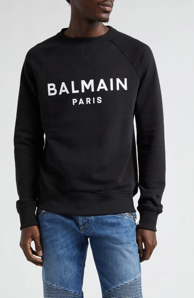 Shop Balmain Logo Raglan Sleeve Organic Cotton Sweatshirt In Black/ White