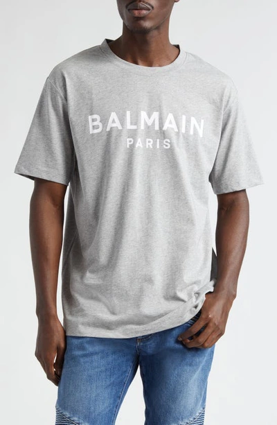 Shop Balmain Organic Cotton Logo Graphic T-shirt In Mottled Grey/ White