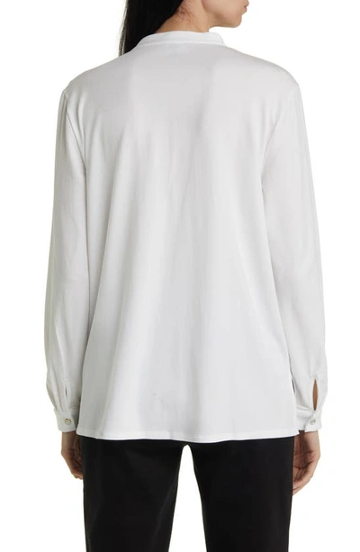 Shop Eileen Fisher Band Collar Jersey Button-up Shirt In White