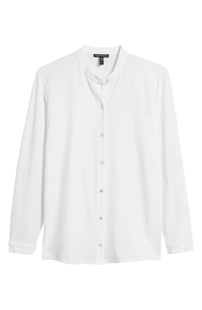 Shop Eileen Fisher Band Collar Jersey Button-up Shirt In White
