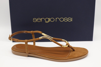 Pre-owned Sergio Rossi Scarpe Donna Suede Twist Gold Tone Thong Flat Sandals Size 38
