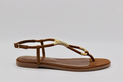 Pre-owned Sergio Rossi Scarpe Donna Suede Twist Gold Tone Thong Flat Sandals Size 38