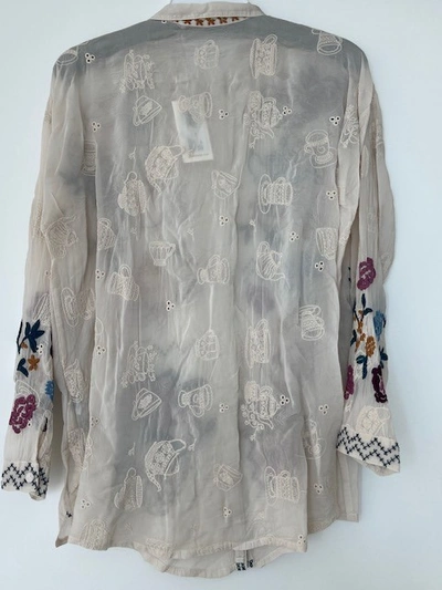 Pre-owned Johnny Was Tea Time Blouse Shell White Top Button Shirt Long Embroidery Pink