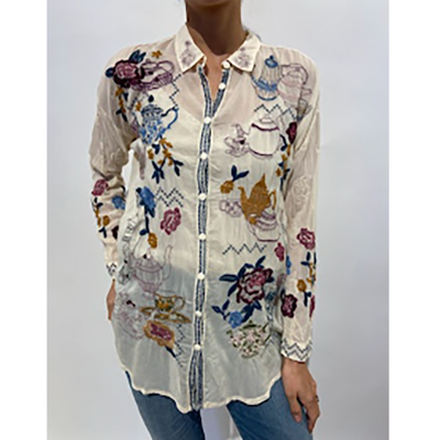 Pre-owned Johnny Was Tea Time Blouse Shell White Top Button Shirt Long Embroidery Pink