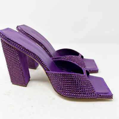 Pre-owned Gia Borghini Rosie Crystal Beaded Block Heel Slide Sandals In 7.5 In Purple