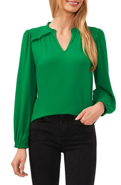 Shop Cece Smocked Shoulder V-neck Blouse In Lush Green