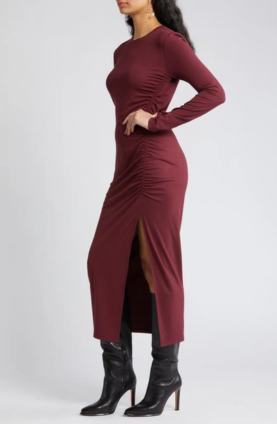 Shop Open Edit Ruched Long Sleeve Midi Dress In Burgundy London