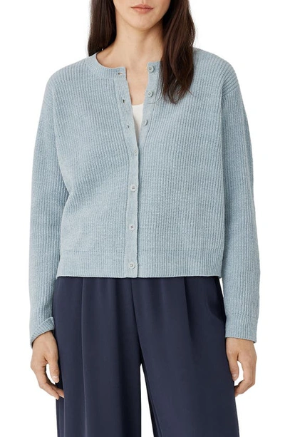 Shop Eileen Fisher Crewneck Organic Cotton Chenille Cardigan In Frost