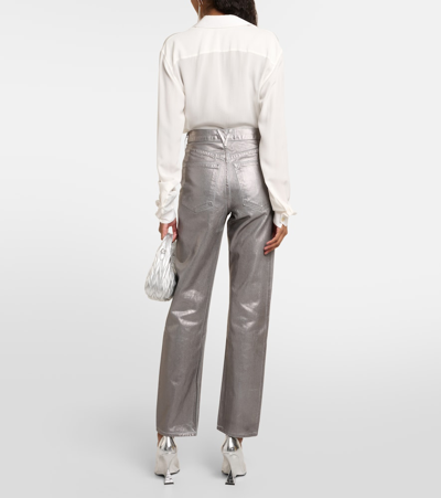 Shop Veronica Beard Daniela Metallic High-rise Straight Jeans In Silver