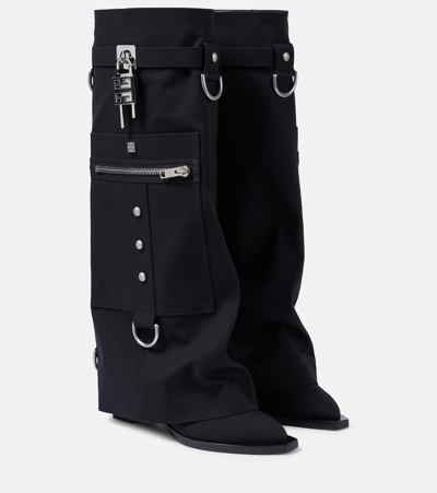 Shop Givenchy Shark Lock Cowboy Canvas Knee-high Boots In Black