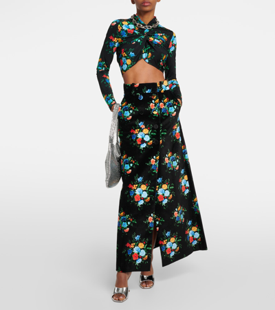Rabanne Floral Jersey Crop Top In Black