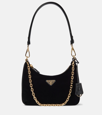 Prada Re-edition Small Velvet Shoulder Bag In Black