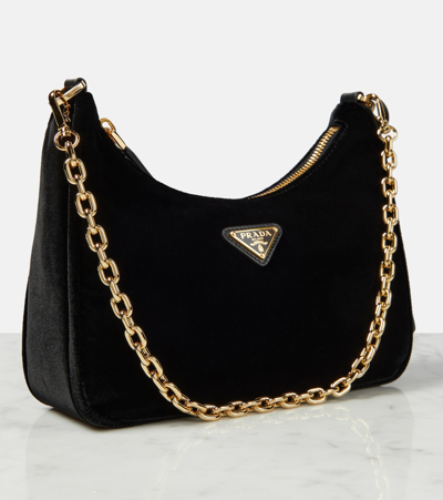 Prada Re-edition Small Velvet Shoulder Bag In Black