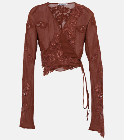 Shop Acne Studios Floral Lace-trimmed Crop Top In Rust Brown